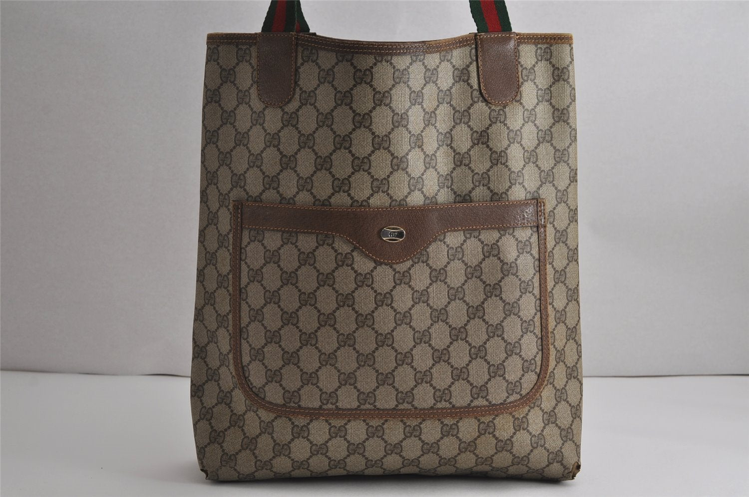 Authentic GUCCI Web Sherry Line Shoulder Tote Bag GG PVC Leather Brown 7920J