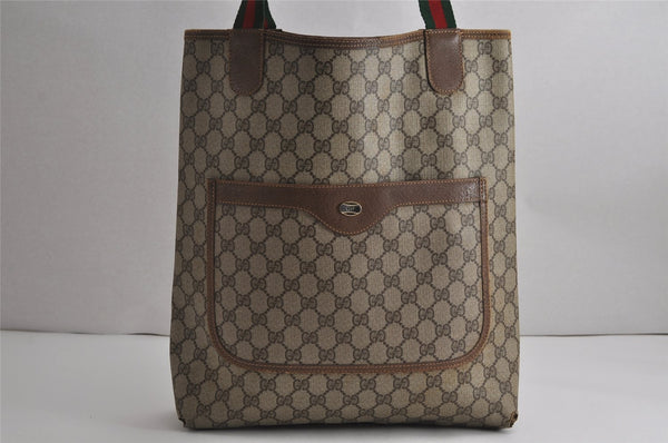 Authentic GUCCI Web Sherry Line Shoulder Tote Bag GG PVC Leather Brown 7920J