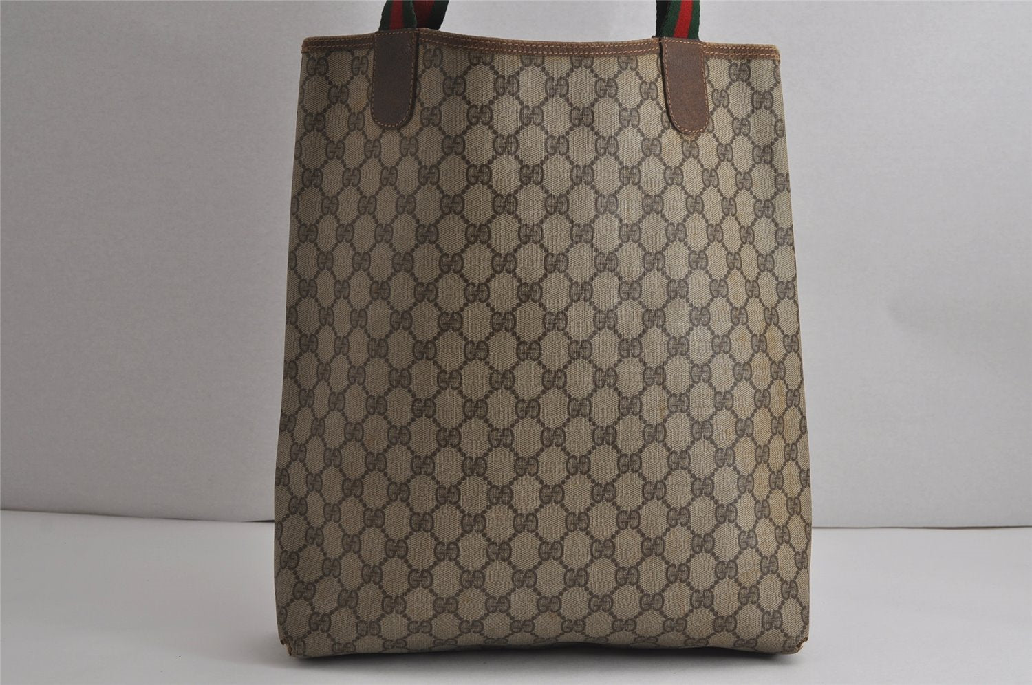 Authentic GUCCI Web Sherry Line Shoulder Tote Bag GG PVC Leather Brown 7920J
