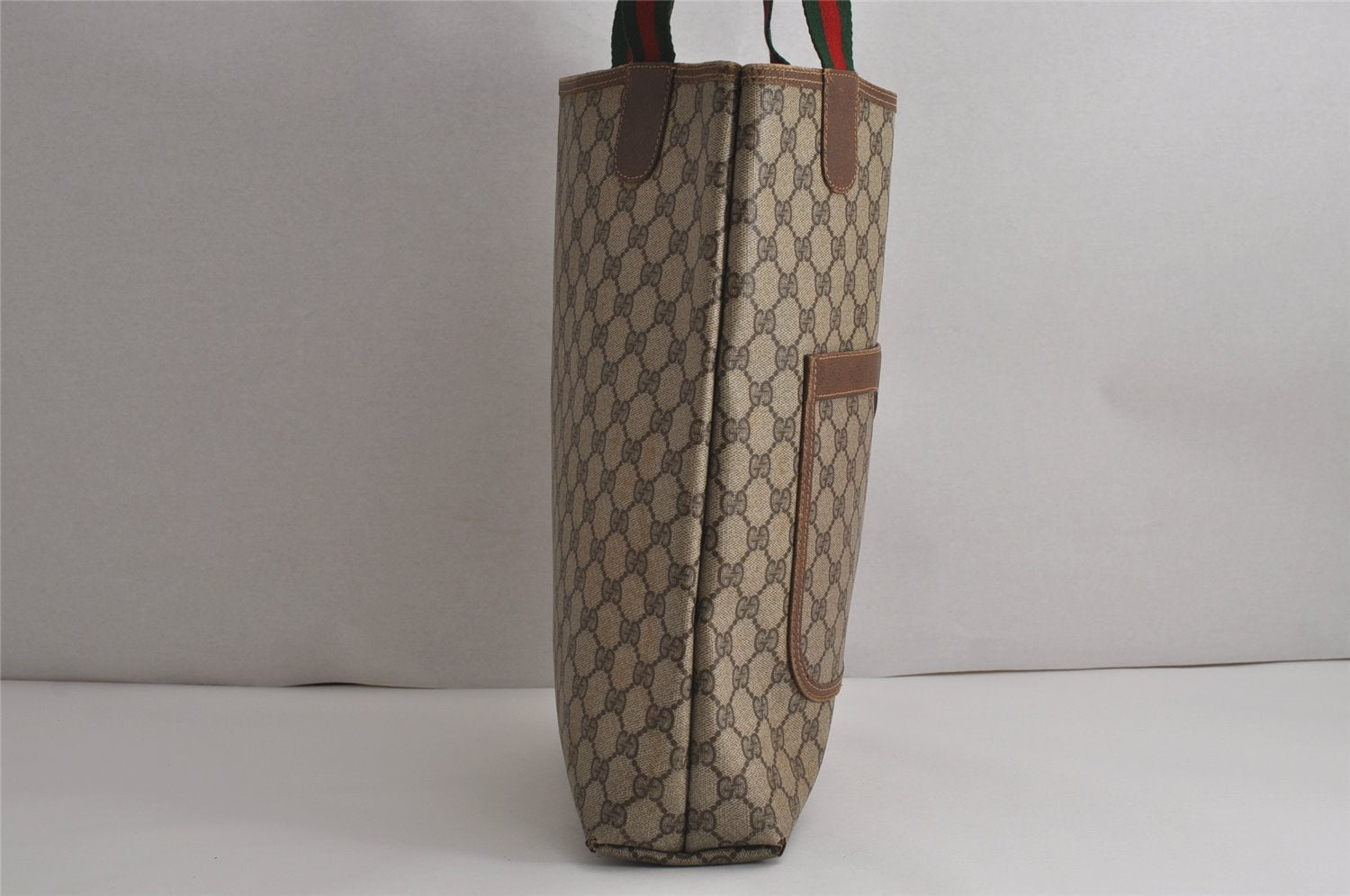 Authentic GUCCI Web Sherry Line Shoulder Tote Bag GG PVC Leather Brown 7920J