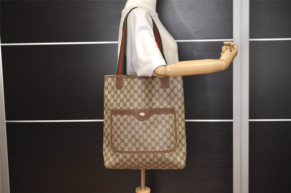 Authentic GUCCI Web Sherry Line Shoulder Tote Bag GG PVC Leather Brown 7920J