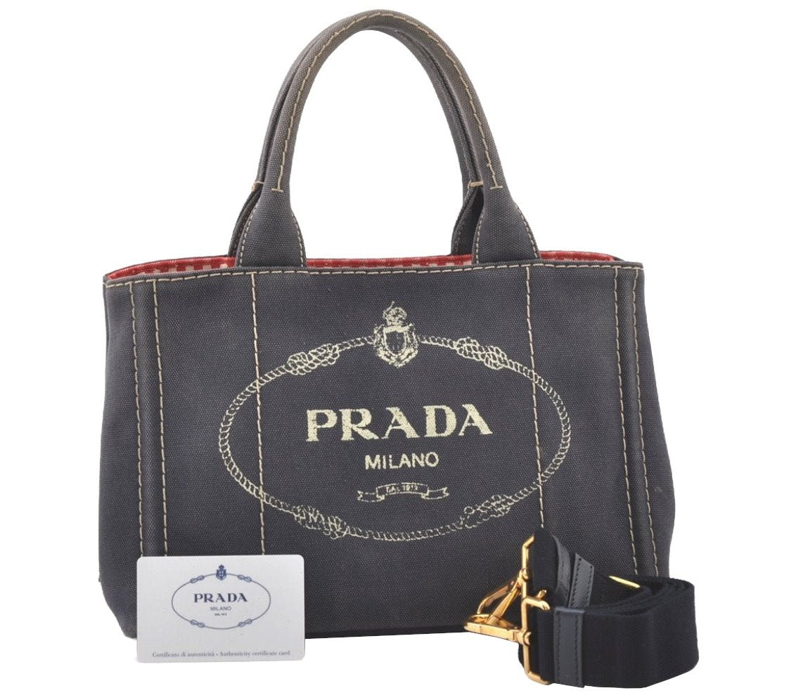 Authentic PRADA CANAPA SS Denim 2Way Shoulder Hand Bag 1BG439 Navy Blue 7921J