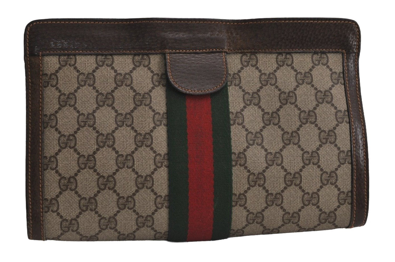 Authentic GUCCI Web Sherry Line Clutch Hand Bag Purse GG PVC Leather Brown 7922J