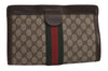 Authentic GUCCI Web Sherry Line Clutch Hand Bag Purse GG PVC Leather Brown 7922J