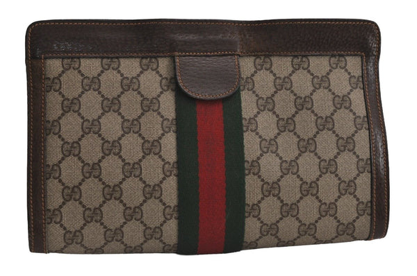 Authentic GUCCI Web Sherry Line Clutch Hand Bag Purse GG PVC Leather Brown 7922J