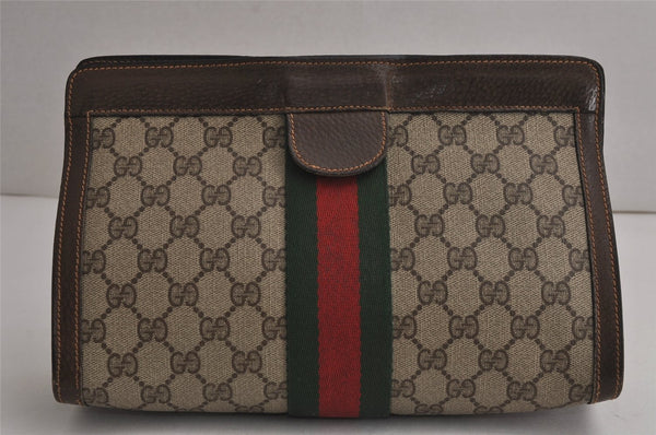 Authentic GUCCI Web Sherry Line Clutch Hand Bag Purse GG PVC Leather Brown 7922J