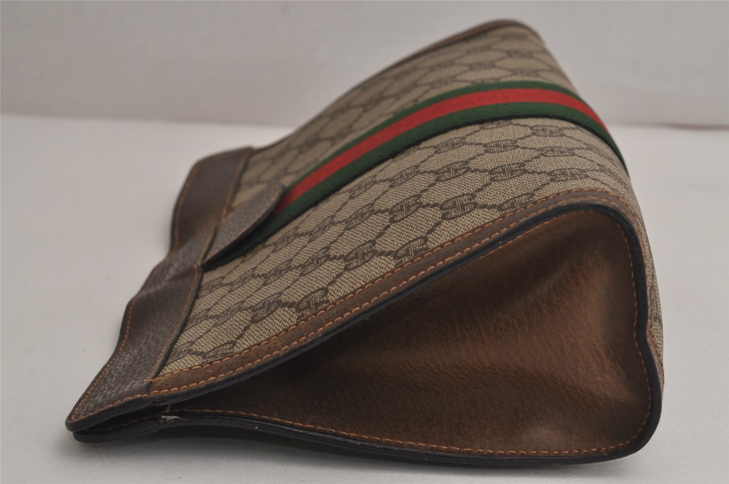 Authentic GUCCI Web Sherry Line Clutch Hand Bag Purse GG PVC Leather Brown 7922J