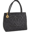 Authentic CHANEL Calf Skin Medallion CC Logo Shoulder Tote Bag Black 7927I