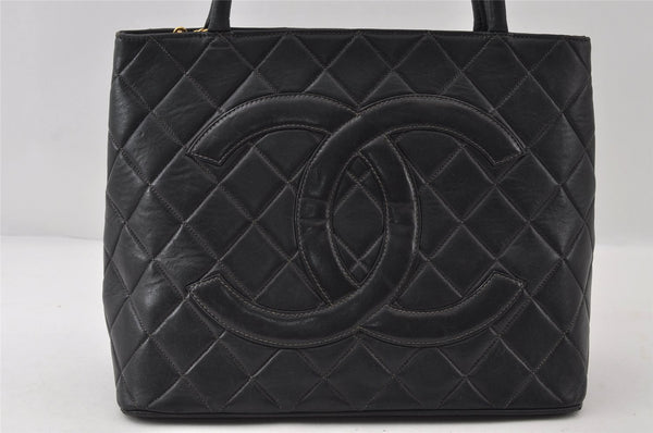 Authentic CHANEL Calf Skin Medallion CC Logo Shoulder Tote Bag Black 7927I