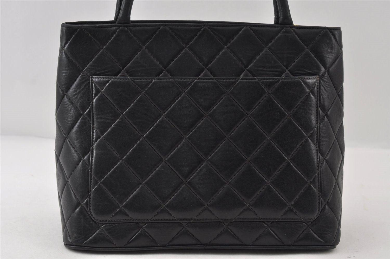 Authentic CHANEL Calf Skin Medallion CC Logo Shoulder Tote Bag Black 7927I