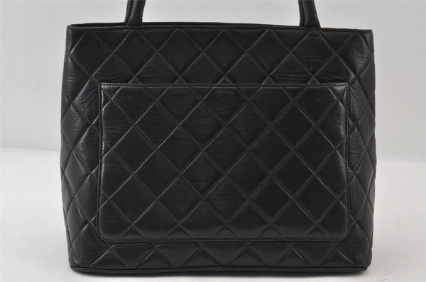 Authentic CHANEL Calf Skin Medallion CC Logo Shoulder Tote Bag Black 7927I