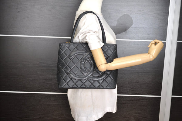 Authentic CHANEL Calf Skin Medallion CC Logo Shoulder Tote Bag Black 7927I