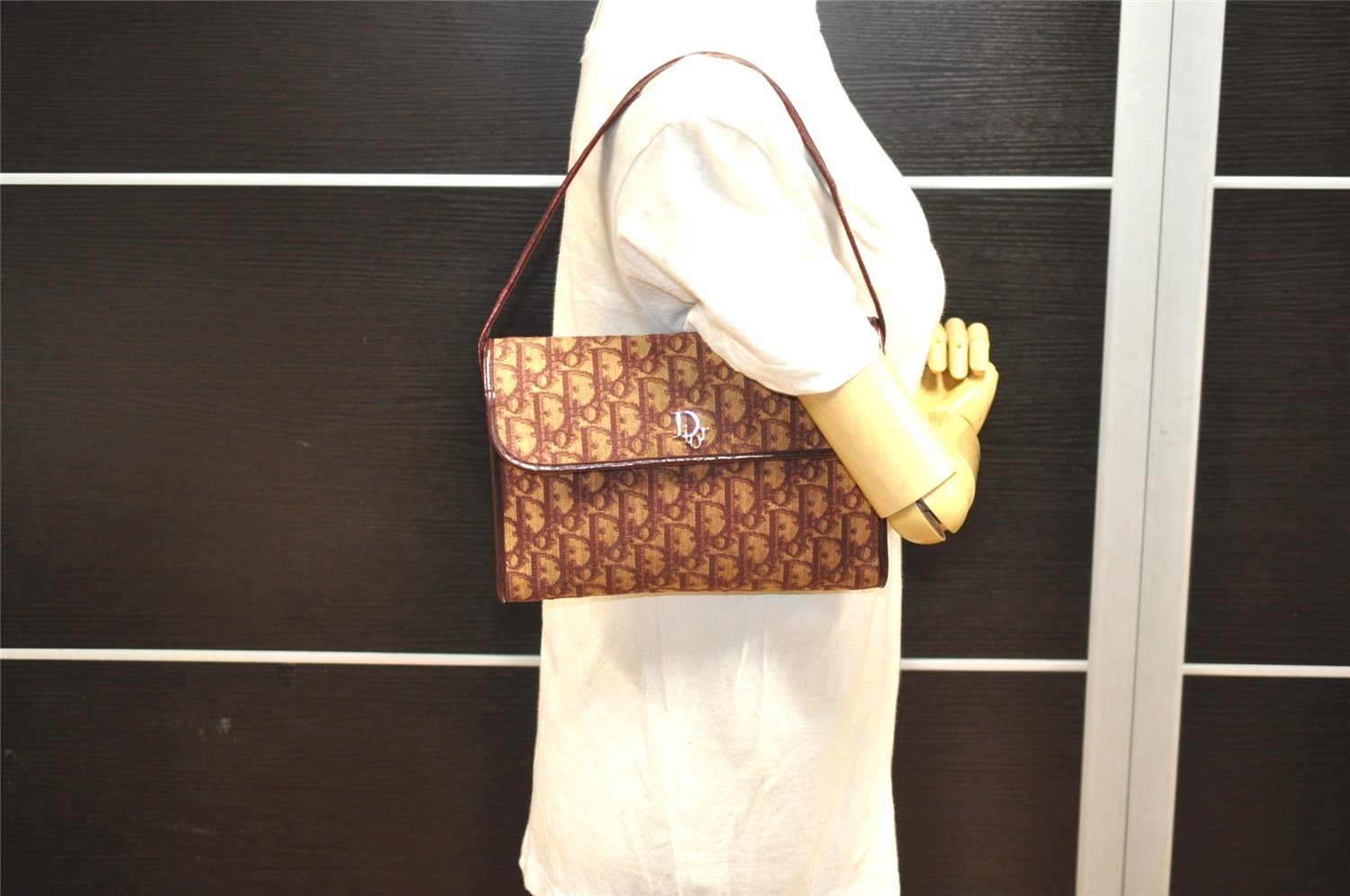 Authentic Christian Dior Trotter Shoulder Hand Bag Canvas Leather Bordeaux 7960I