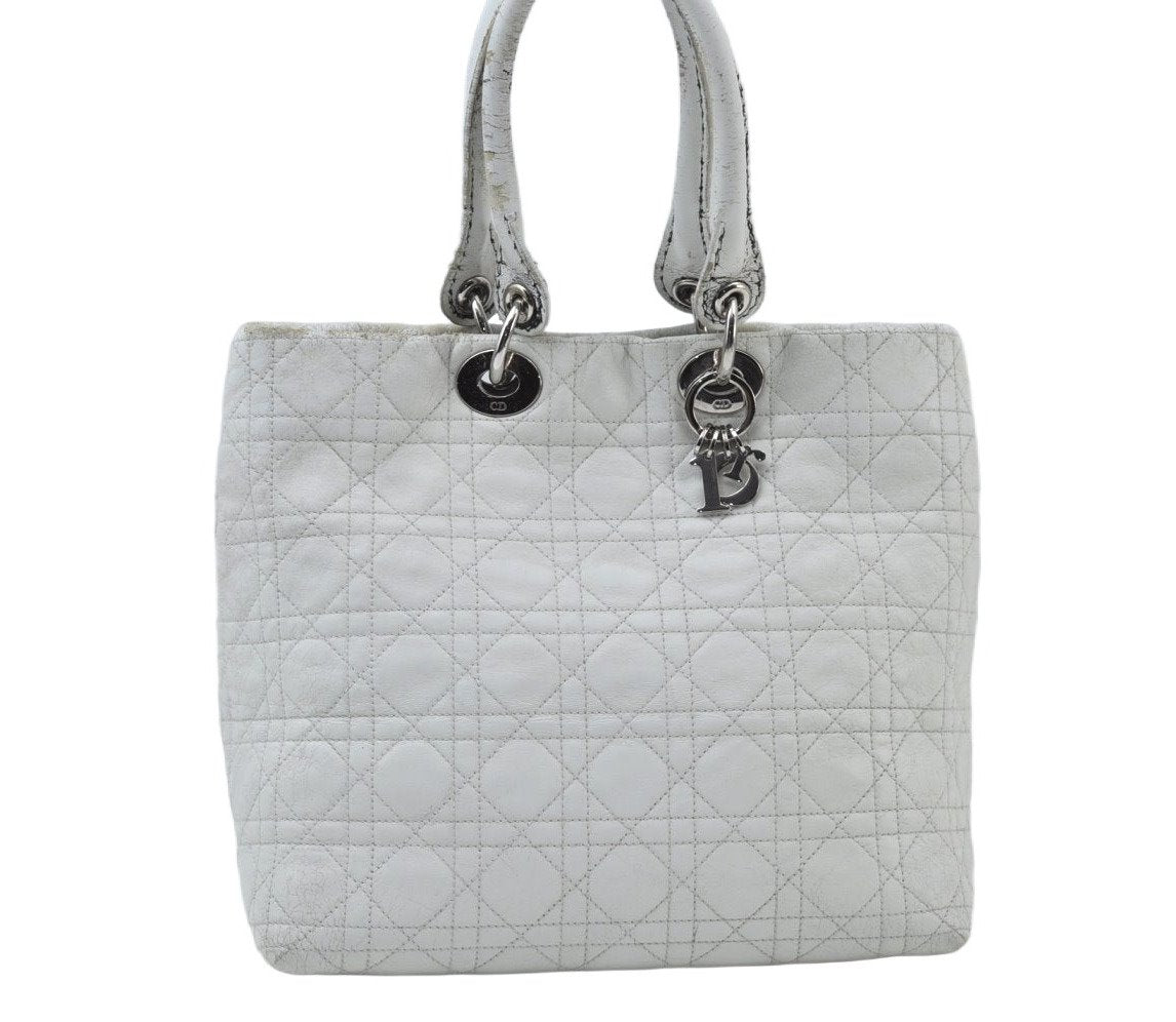 Authentic Christian Dior Lady Dior Lamb Skin Cannage Hand Bag White CD 7963I