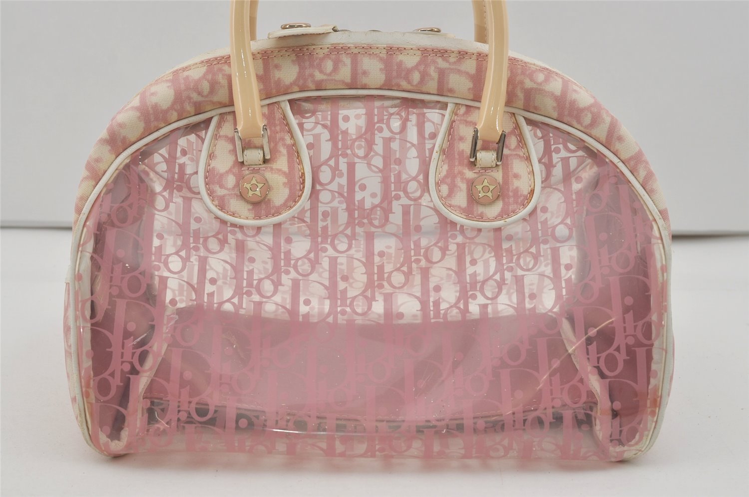 Authentic Christian Dior Trotter Hand Bag Vinyl Enamel Pink Clear Junk 7964I