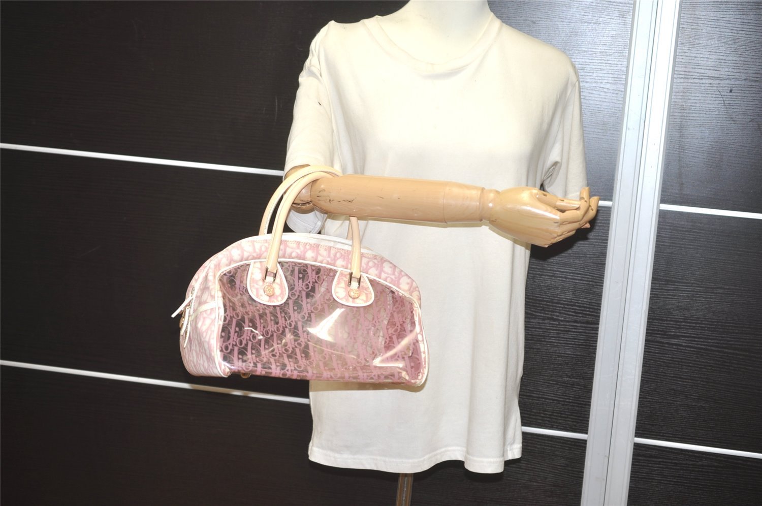 Authentic Christian Dior Trotter Hand Bag Vinyl Enamel Pink Clear Junk 7964I