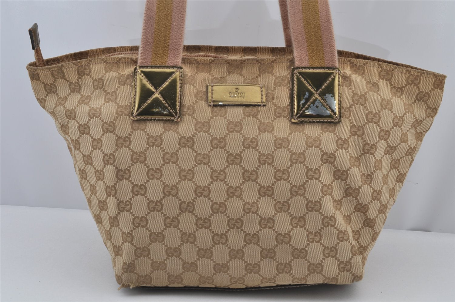 Authentic GUCCI Sherry Line Tote Bag GG Canvas Enamel 131230 Beige 7974J