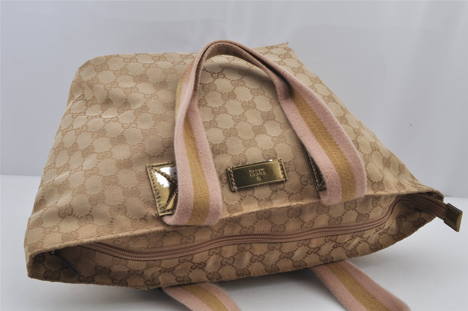 Authentic GUCCI Sherry Line Tote Bag GG Canvas Enamel 131230 Beige 7974J