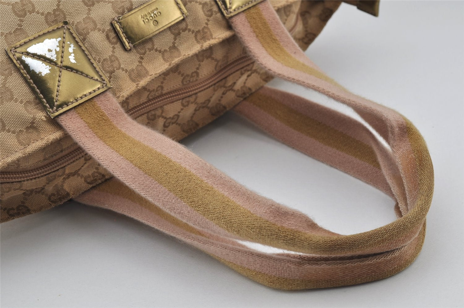 Authentic GUCCI Sherry Line Tote Bag GG Canvas Enamel 131230 Beige 7974J