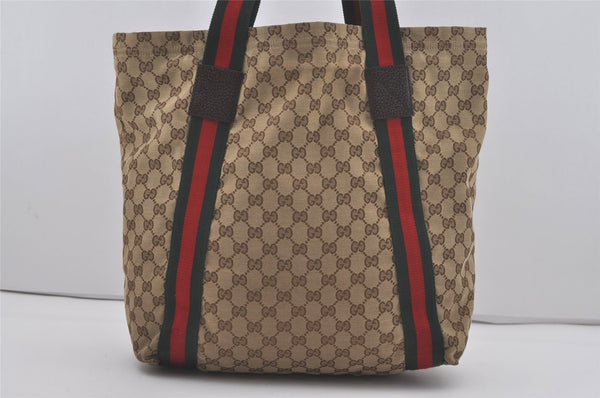 Authentic GUCCI Web Sherry Line Tote Bag GG Canvas Leather 189669 Brown 7977I