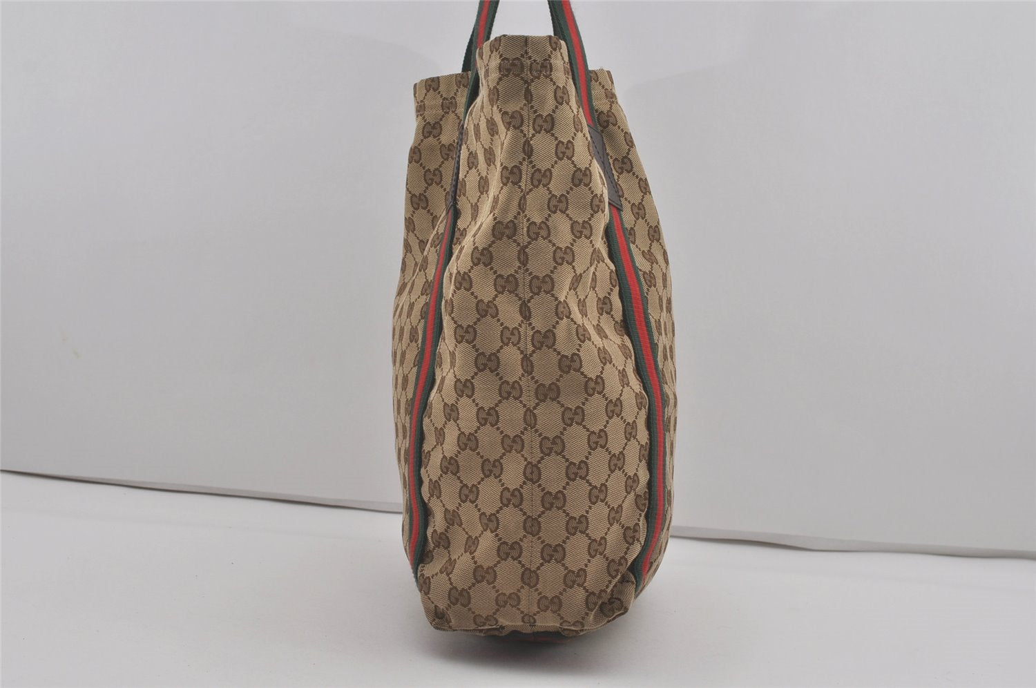 Authentic GUCCI Web Sherry Line Tote Bag GG Canvas Leather 189669 Brown 7977I