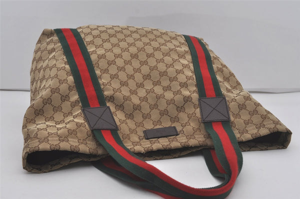 Authentic GUCCI Web Sherry Line Tote Bag GG Canvas Leather 189669 Brown 7977I