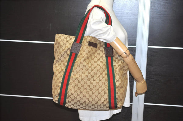 Authentic GUCCI Web Sherry Line Tote Bag GG Canvas Leather 189669 Brown 7977I