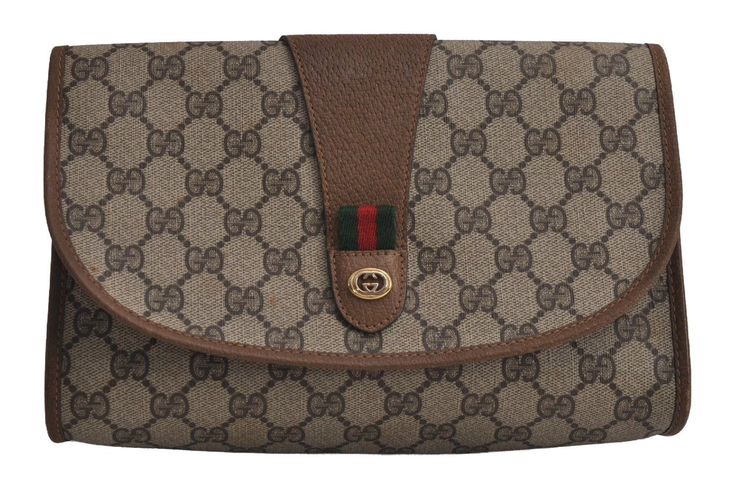 Authentic GUCCI Web Sherry Line Clutch Hand Bag Purse GG PVC Leather Brown 7977J