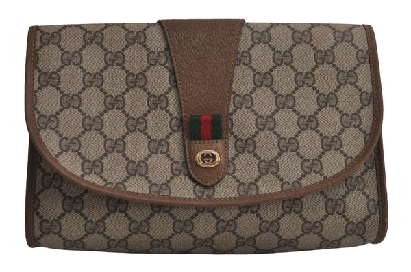 Authentic GUCCI Web Sherry Line Clutch Hand Bag Purse GG PVC Leather Brown 7977J