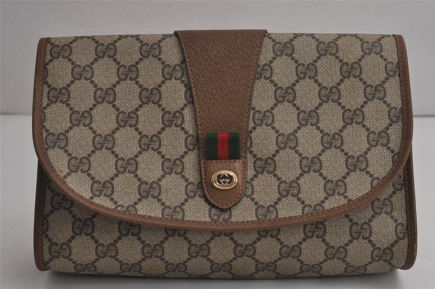 Authentic GUCCI Web Sherry Line Clutch Hand Bag Purse GG PVC Leather Brown 7977J