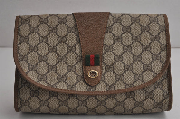 Authentic GUCCI Web Sherry Line Clutch Hand Bag Purse GG PVC Leather Brown 7977J