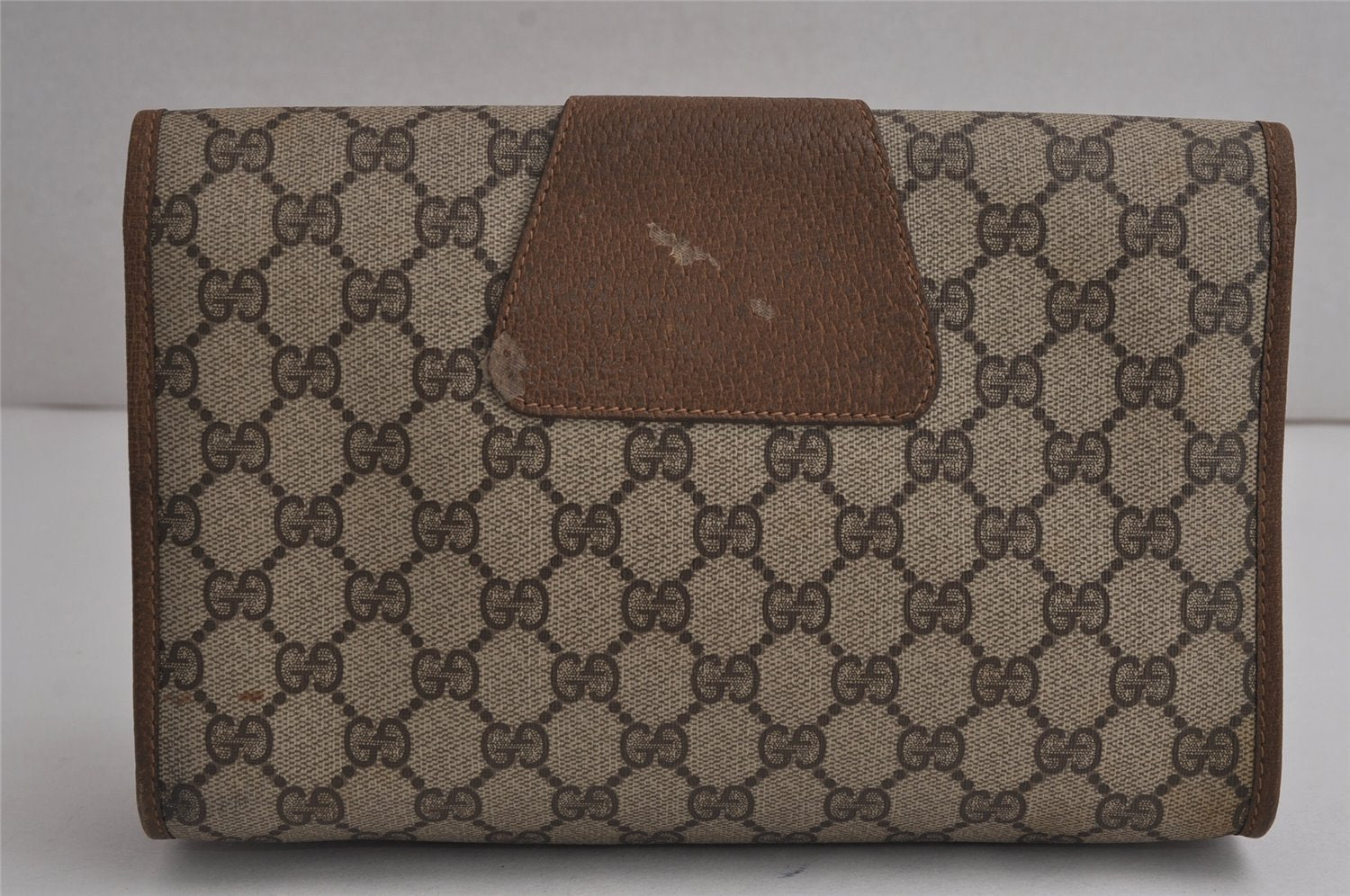 Authentic GUCCI Web Sherry Line Clutch Hand Bag Purse GG PVC Leather Brown 7977J