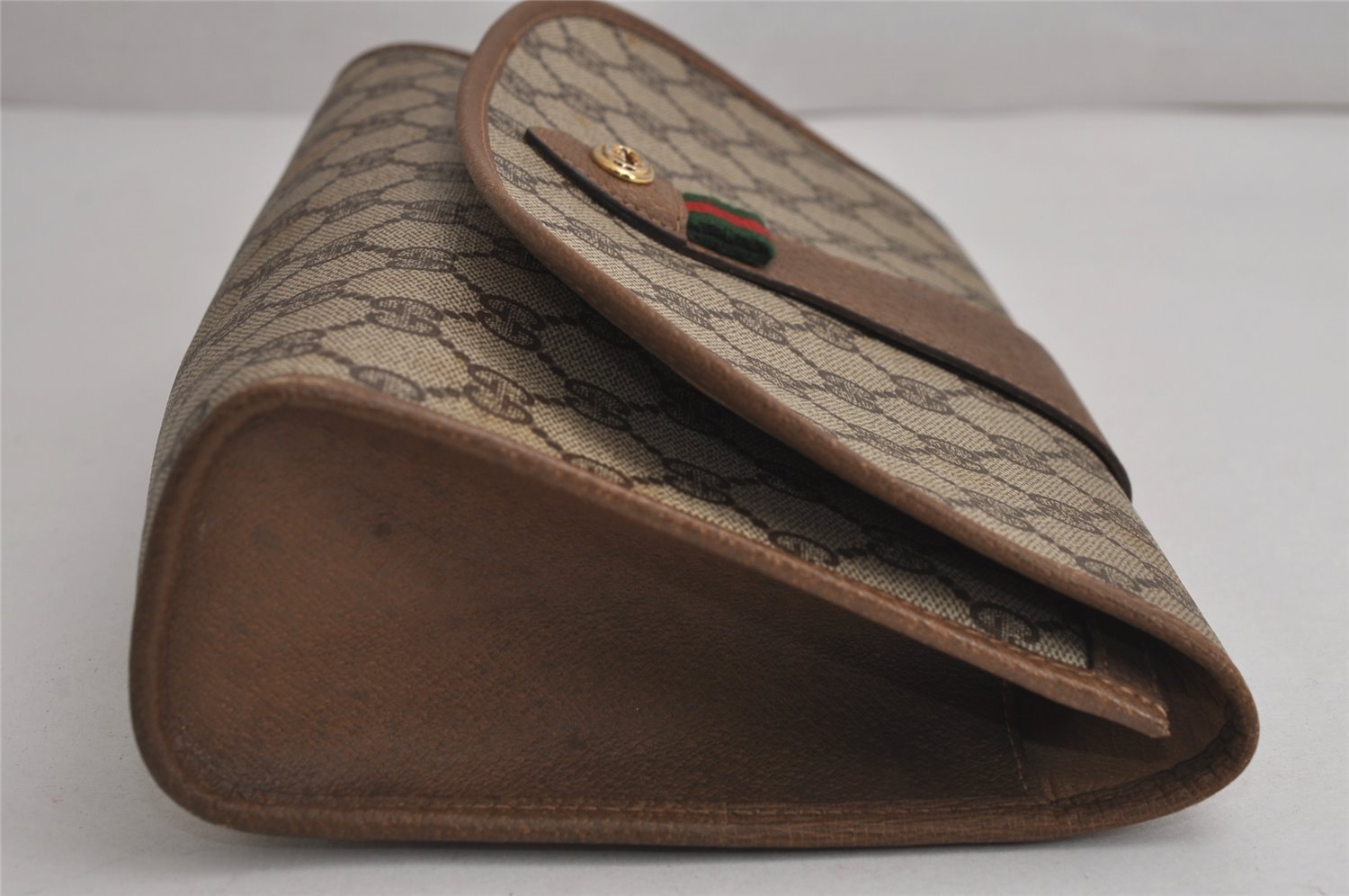 Authentic GUCCI Web Sherry Line Clutch Hand Bag Purse GG PVC Leather Brown 7977J
