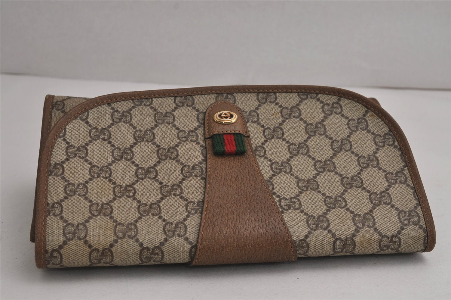 Authentic GUCCI Web Sherry Line Clutch Hand Bag Purse GG PVC Leather Brown 7977J