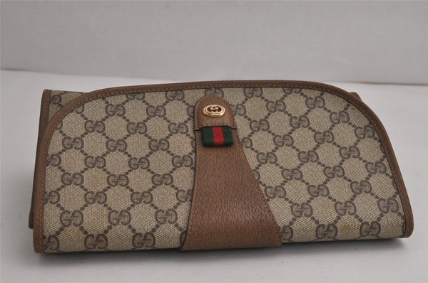 Authentic GUCCI Web Sherry Line Clutch Hand Bag Purse GG PVC Leather Brown 7977J
