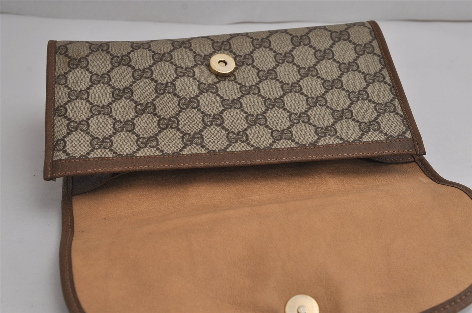 Authentic GUCCI Web Sherry Line Clutch Hand Bag Purse GG PVC Leather Brown 7977J