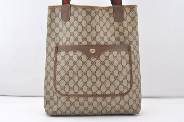 Authentic GUCCI Web Sherry Line Shoulder Tote Bag GG PVC Leather Brown 7978J