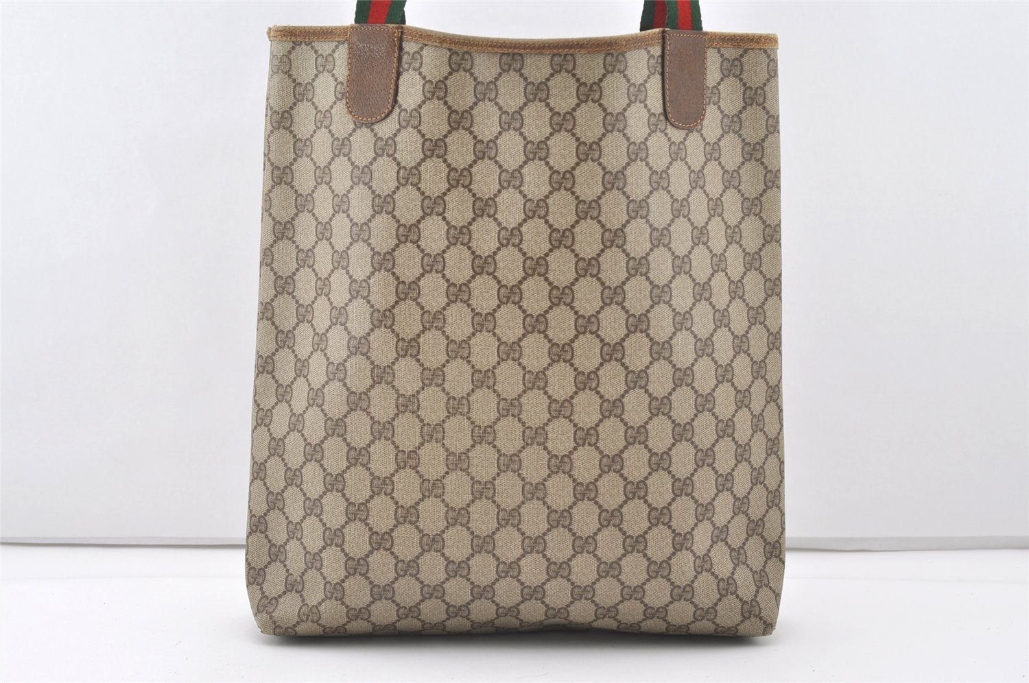 Authentic GUCCI Web Sherry Line Shoulder Tote Bag GG PVC Leather Brown 7978J