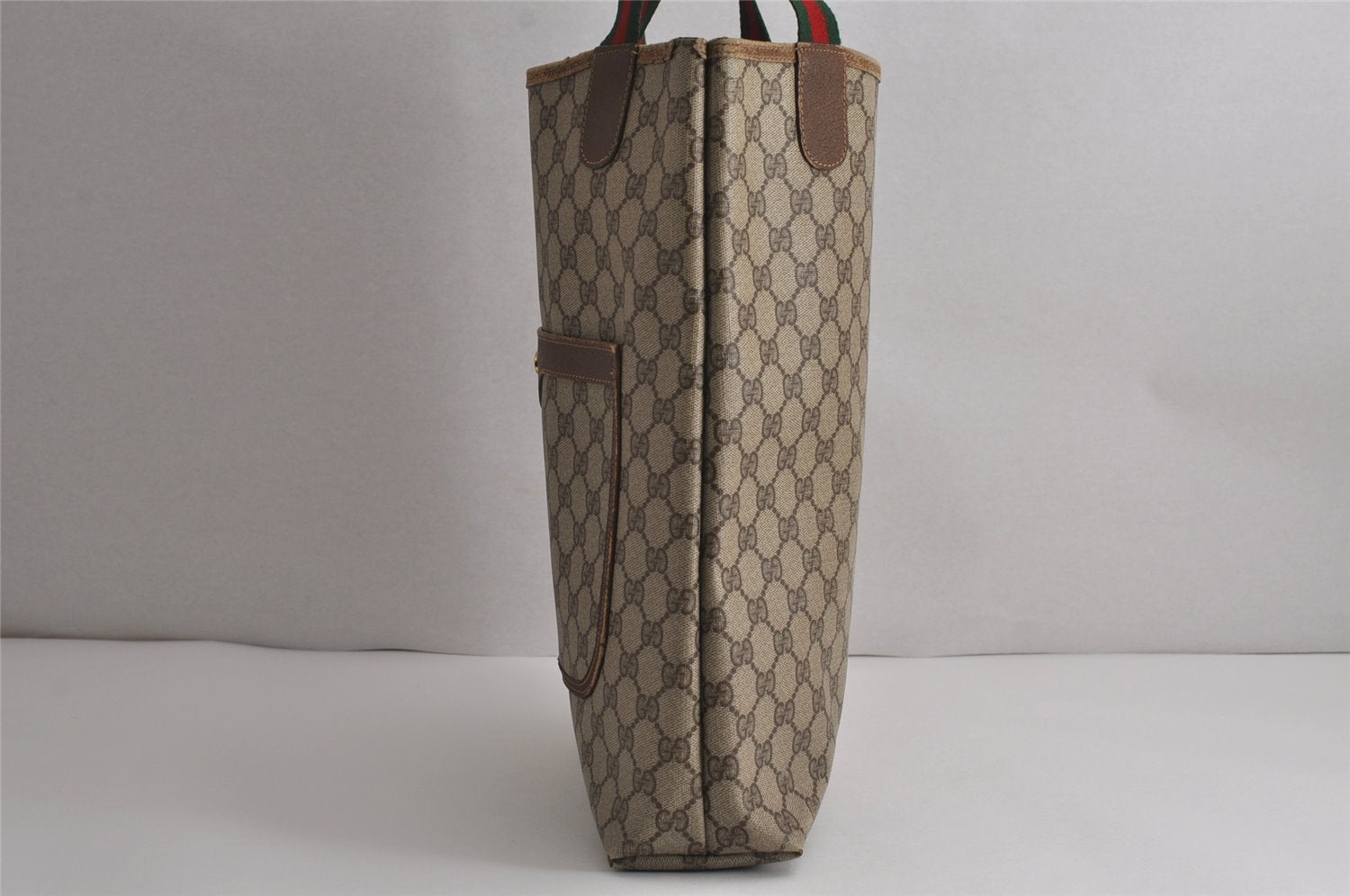 Authentic GUCCI Web Sherry Line Shoulder Tote Bag GG PVC Leather Brown 7978J
