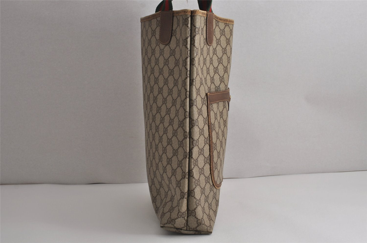 Authentic GUCCI Web Sherry Line Shoulder Tote Bag GG PVC Leather Brown 7978J
