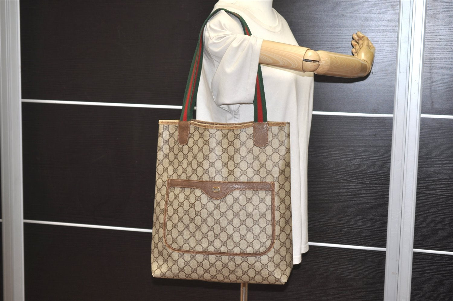 Authentic GUCCI Web Sherry Line Shoulder Tote Bag GG PVC Leather Brown 7978J