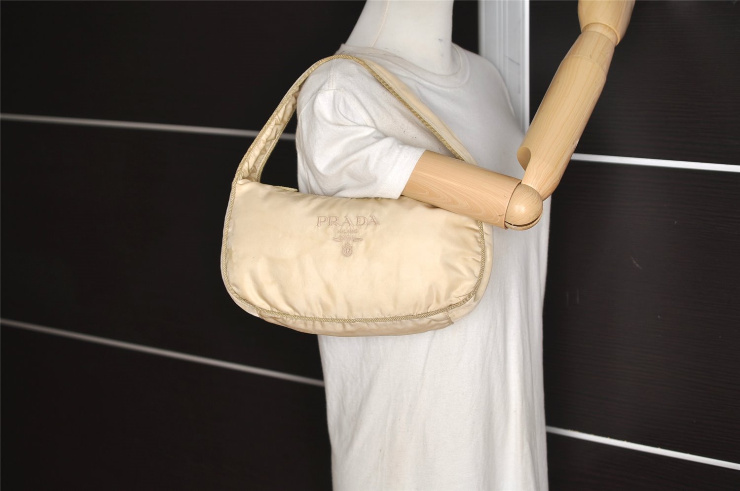 Authentic PRADA Vintage Nylon Tessuto Shoulder Hand Bag Purse Beige White 7980J