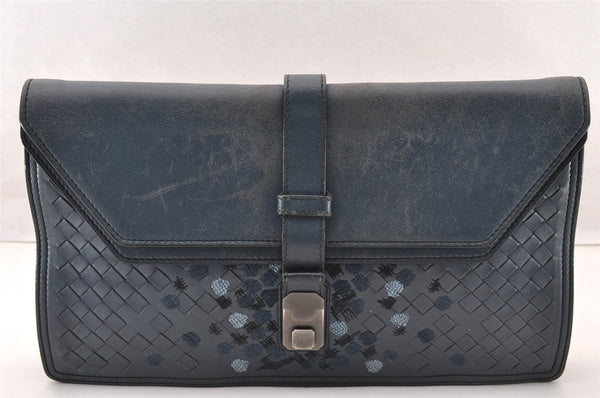 Authentic BOTTEGA VENETA Vintage Intrecciato Clutch Hand Bag Purse Blue 7991I