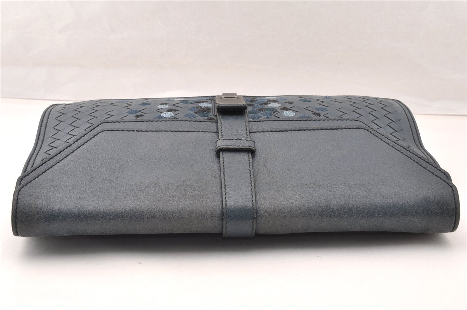 Authentic BOTTEGA VENETA Vintage Intrecciato Clutch Hand Bag Purse Blue 7991I