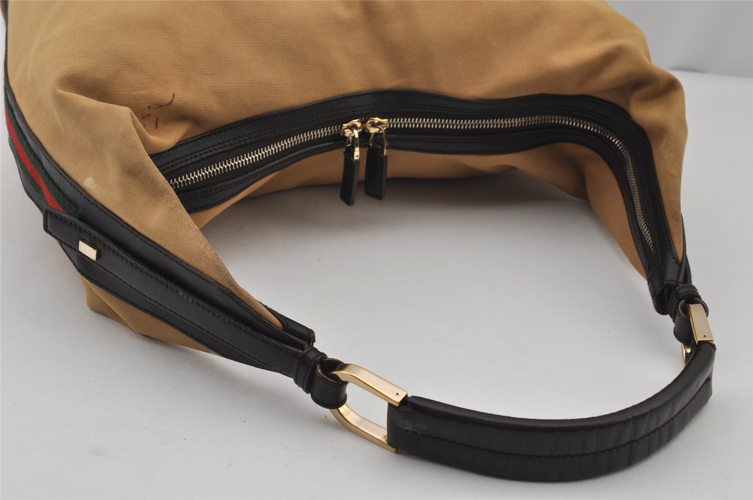 Authentic GUCCI Web Sherry Line Shoulder Bag Canvas Leather 0014287 Beige 7992J