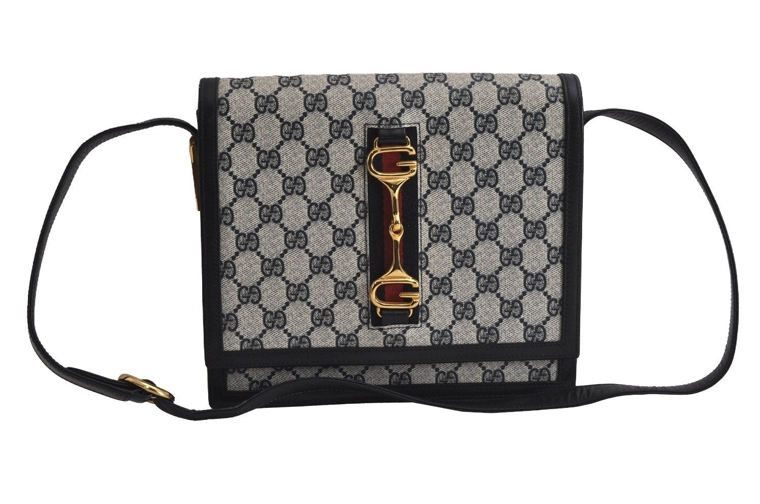Authentic GUCCI Sherry Line Shoulder Cross Bag GG PVC Leather Navy Junk 7993J