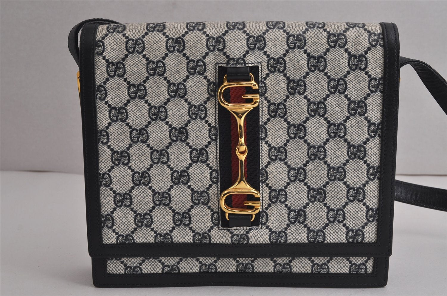 Authentic GUCCI Sherry Line Shoulder Cross Bag GG PVC Leather Navy Junk 7993J