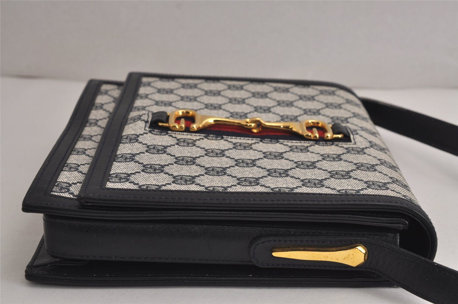 Authentic GUCCI Sherry Line Shoulder Cross Bag GG PVC Leather Navy Junk 7993J