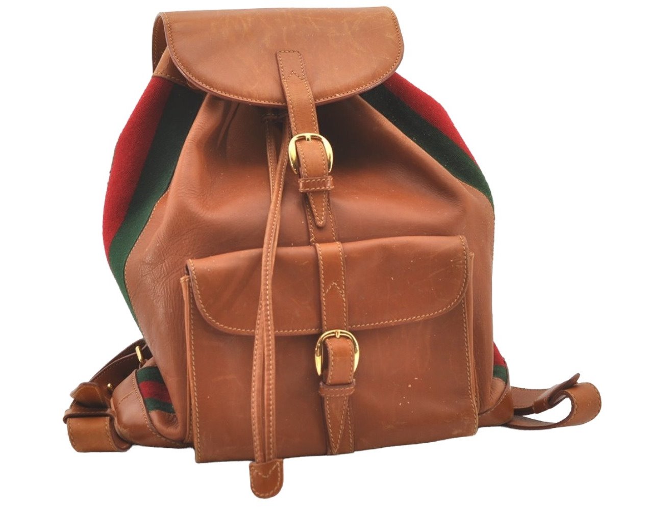 Authentic GUCCI Vintage Web Sherry Line Backpack Leather Brown Junk 7994J