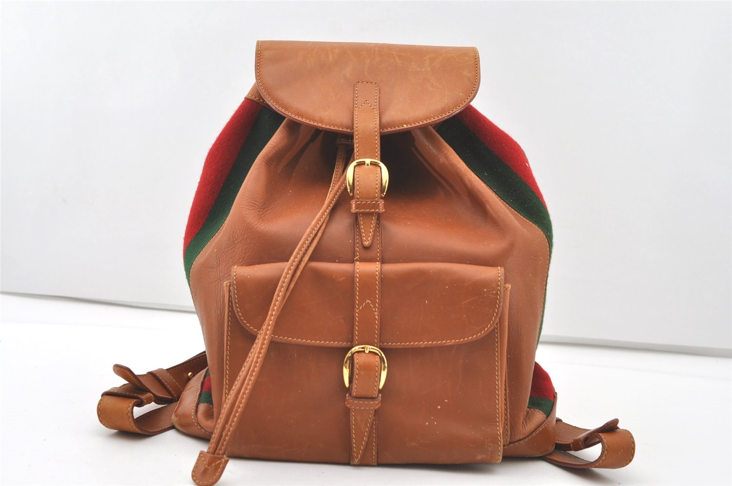 Authentic GUCCI Vintage Web Sherry Line Backpack Leather Brown Junk 7994J